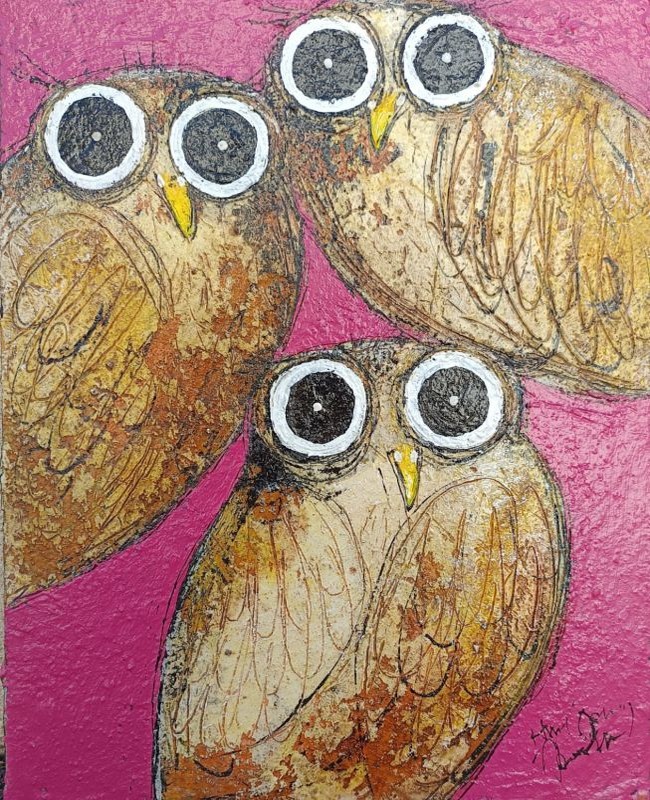 Chouettes rose - 33 x 41 cm - 400 €